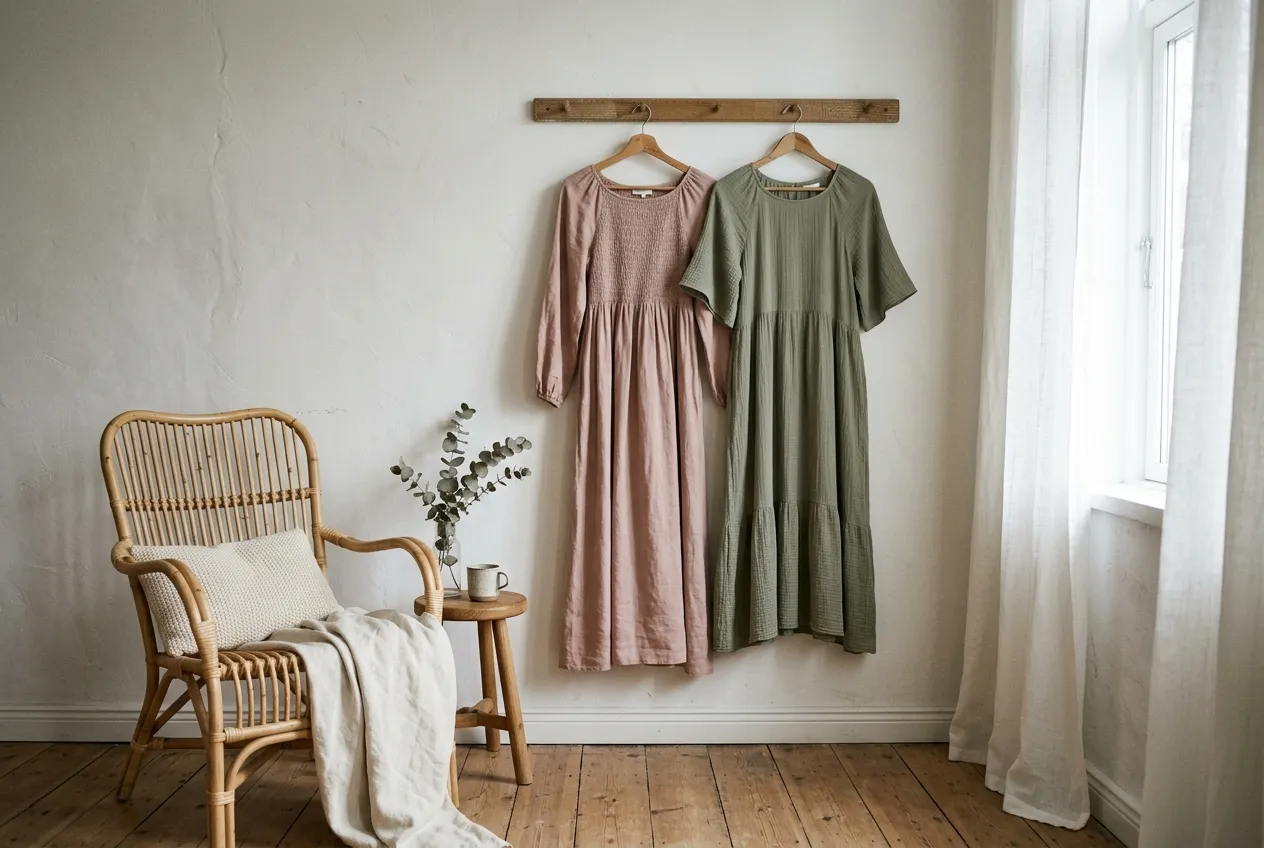 To graviditetskjoler i rosa og salviegrøn på bøjler mod en hvid væg