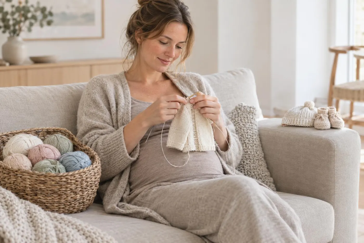 Gravid kvinde strikker en lille babycardigan i sofaen med en kurv babygarn ved siden af