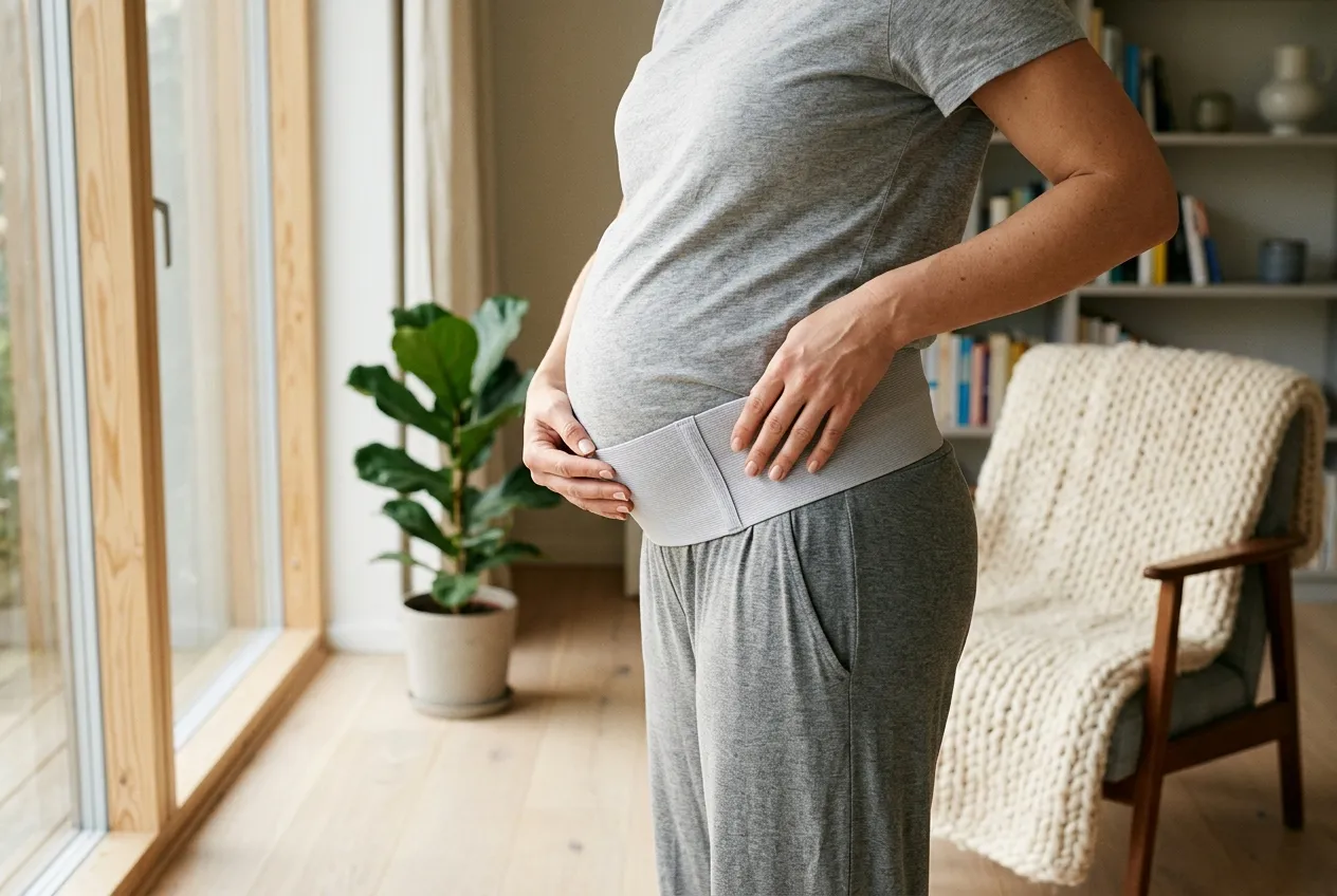 Gravid kvinde justerer et elastisk støttebælte under maven